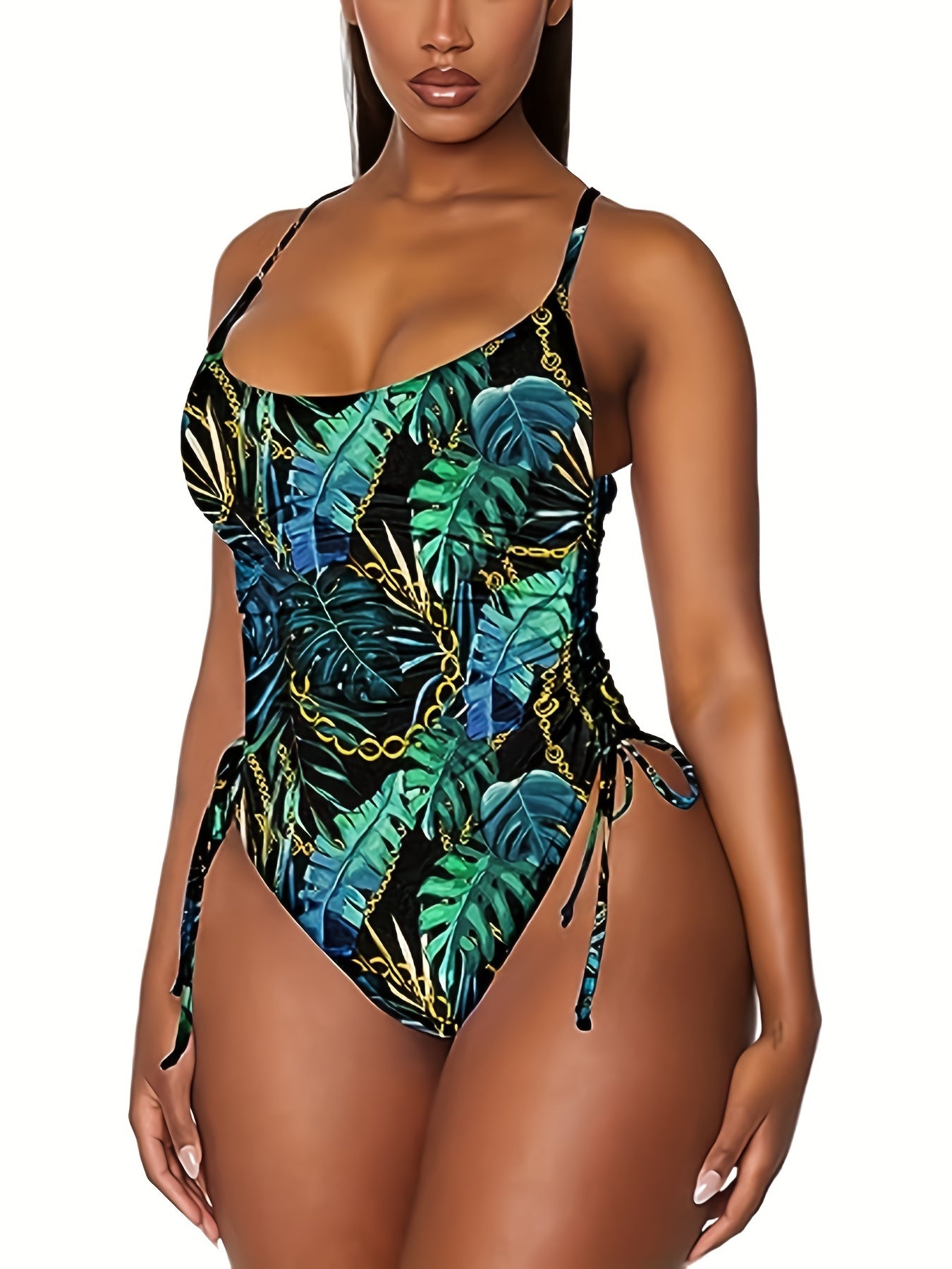  Retro Swimsuit Women's Leaf & Chain Print Ruched Lace Up Side
