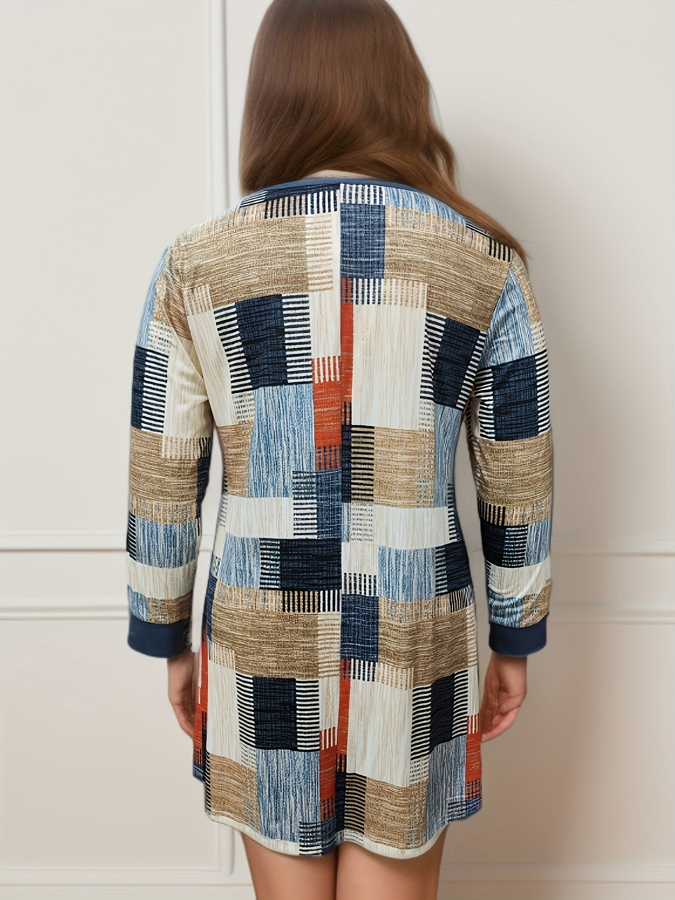  Colorblock Geometric Print Long Sleeve Dress