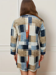  Colorblock Geometric Print Long Sleeve Dress