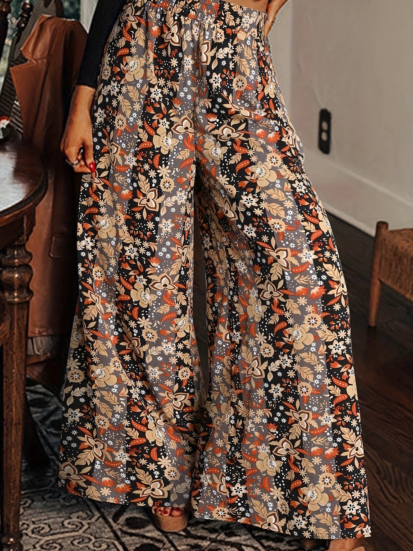  Colorblock Floral Print Wide Leg Trousers