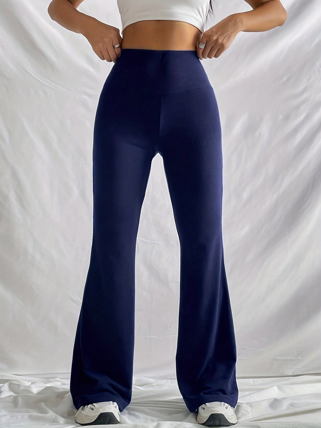  Solid High Rise Flared Leg Pants