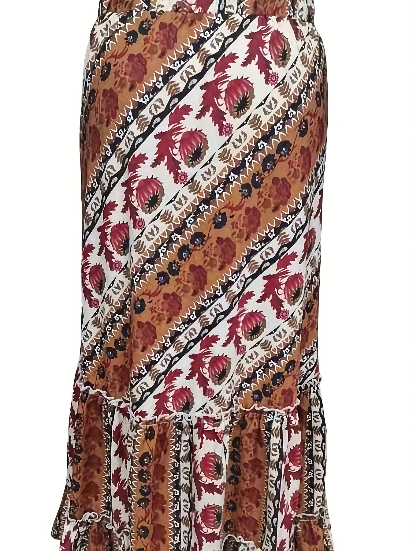  Tribal Print Ruffle Trim Maxi Skirt