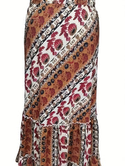  Tribal Print Ruffle Trim Maxi Skirt