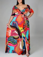  Floral Print Short Sleeve Wrap Dress With Belt