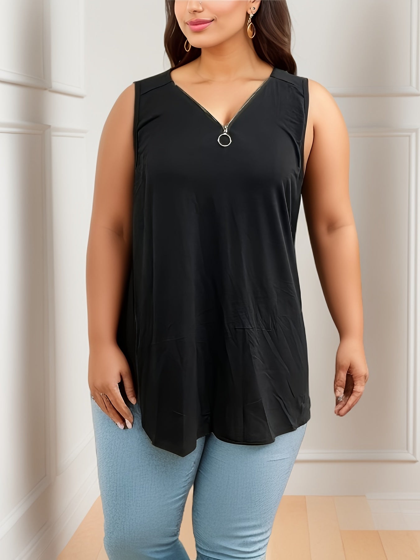  Solid Zipper V Neck Tank Top