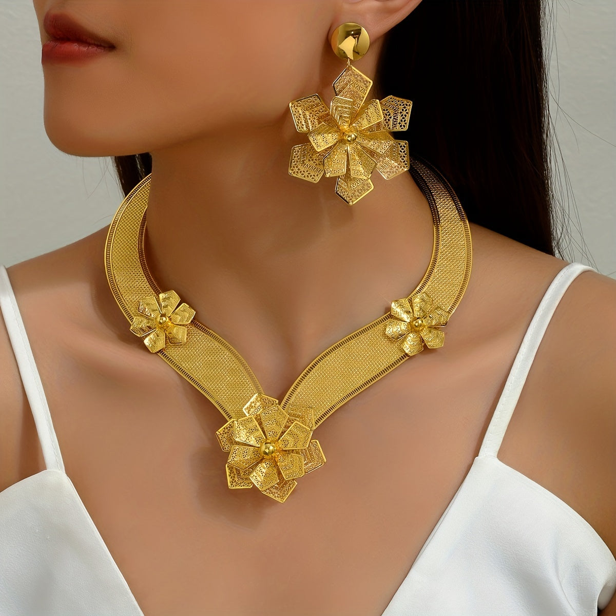3pcs Exaggerated Jewelry Set 18k Plated Flower African Bride's Wedding Jewelry
