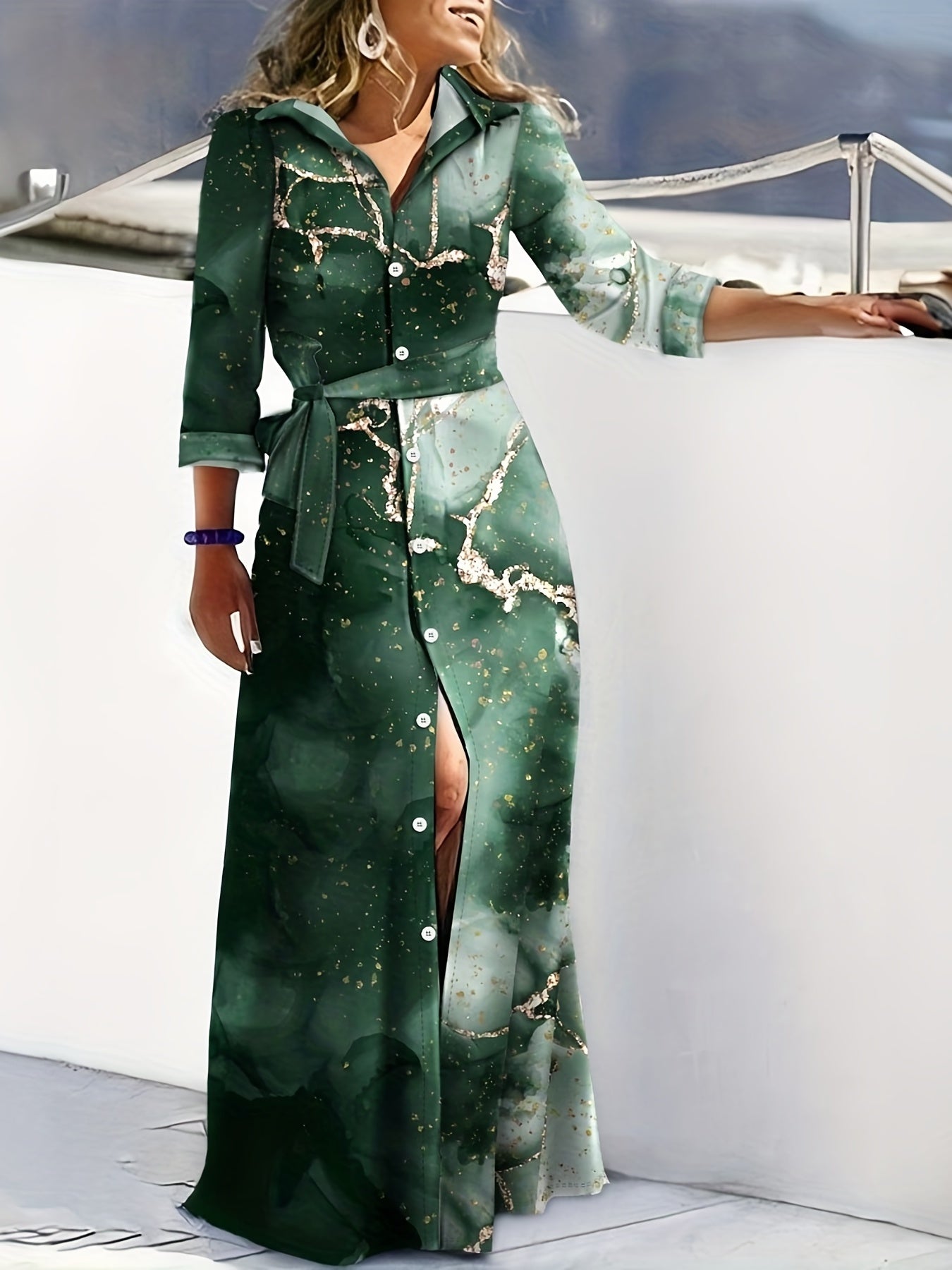  Geometric Print Long Sleeve Shirt Dress With Belt