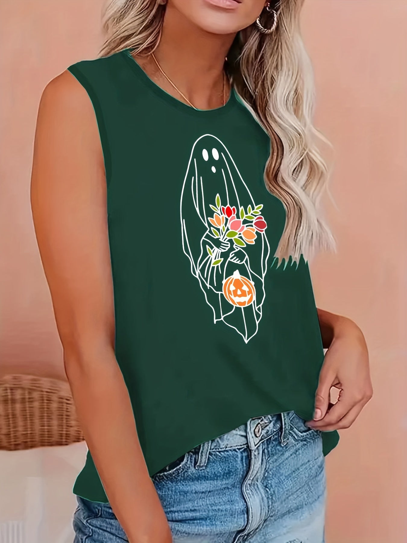  Skull Print Round Neck Tank Top