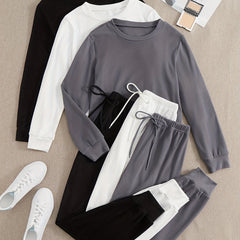 3-Piece Lounge Set Crew Neck Top & Lace Up Pants