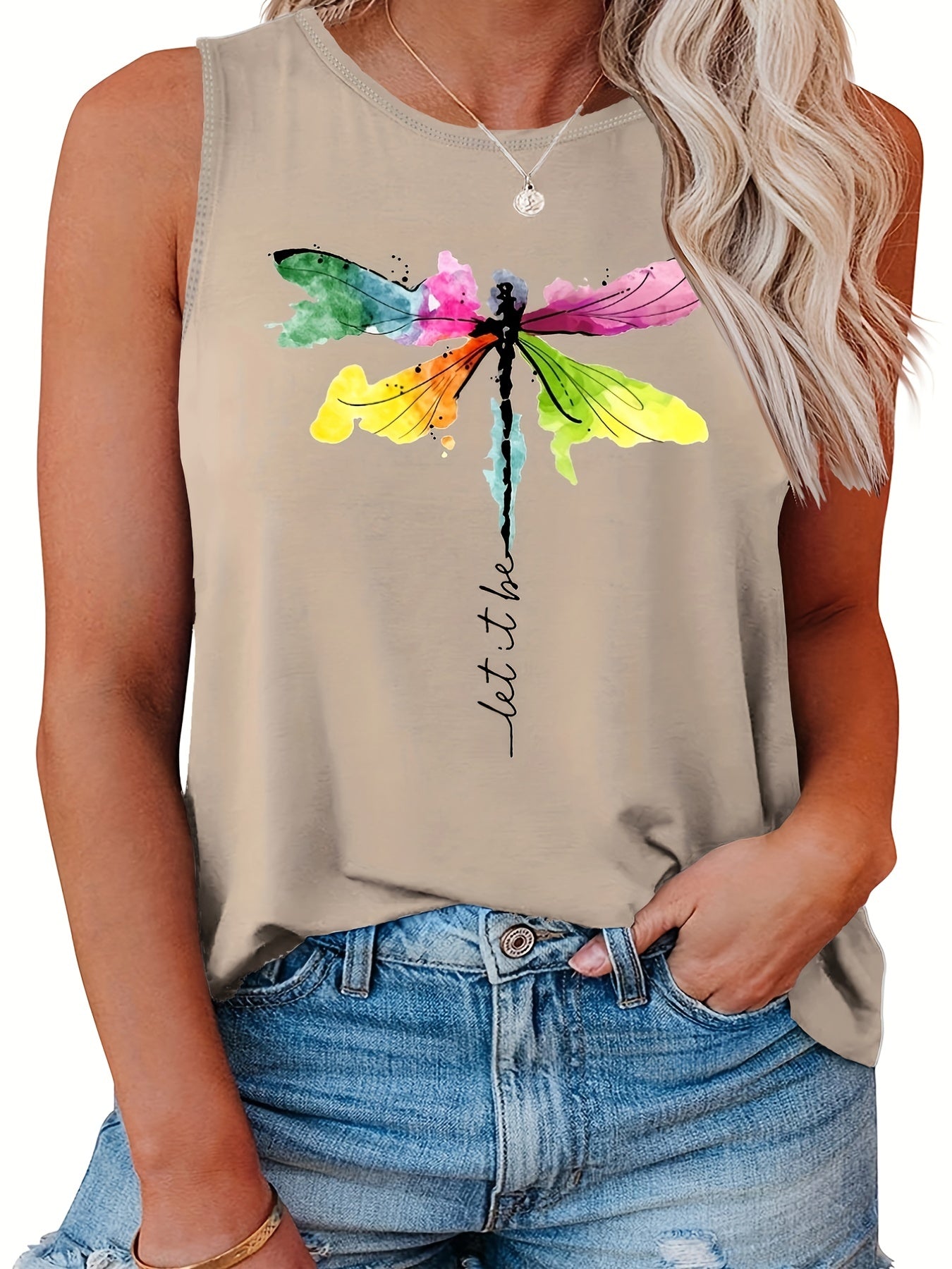  Dragonfly Print Tank Top Women's Slight Stretch Tank