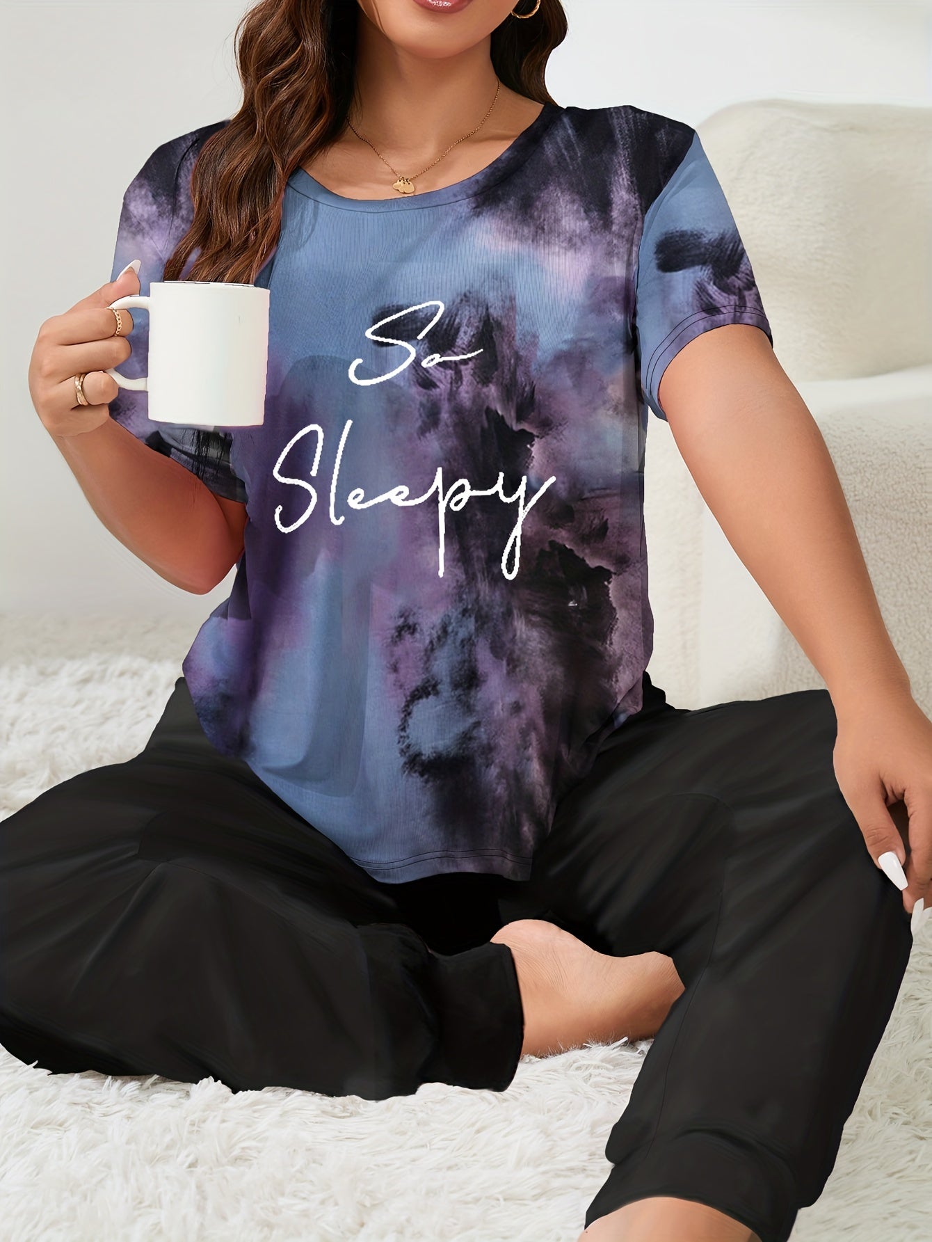  Tie Dye Tee & Pants Set Comfort Pajamas Two Piece Set