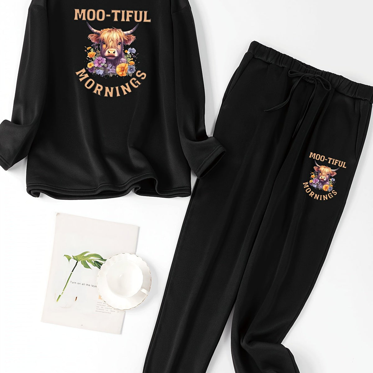 Women's Plus Floral Cow & Letter Print Lounge Set