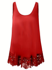  Tank Top Solid Contrast Lace Trim V Neck Stretch Tank Top