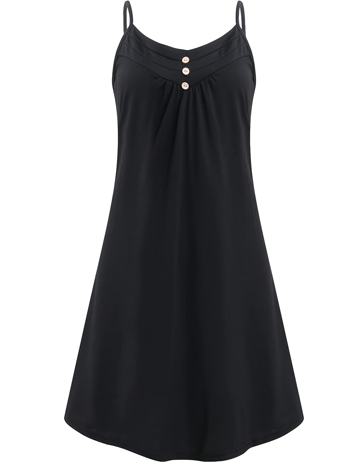  Solid Button V Neck Ruched Cami Dress