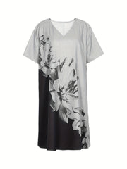  Colorblock Floral Print Short Sleeve V Neck Dress