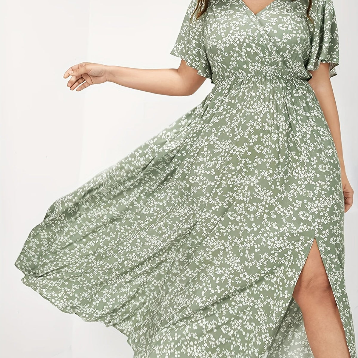  Boho Dress Floral Print Ruffle Sleeve Maxi Dress