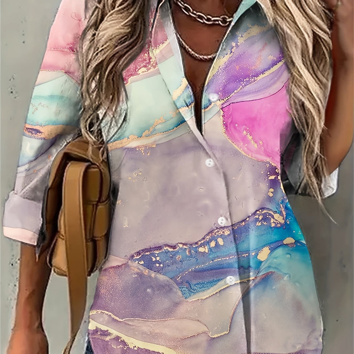  Marble Print Long Sleeve Blouse