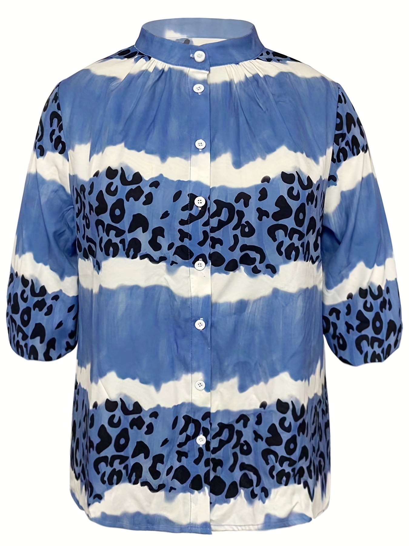  Casual Blouse Women's Plus Tie Dye Leopard Print Button Up Half Sleeve