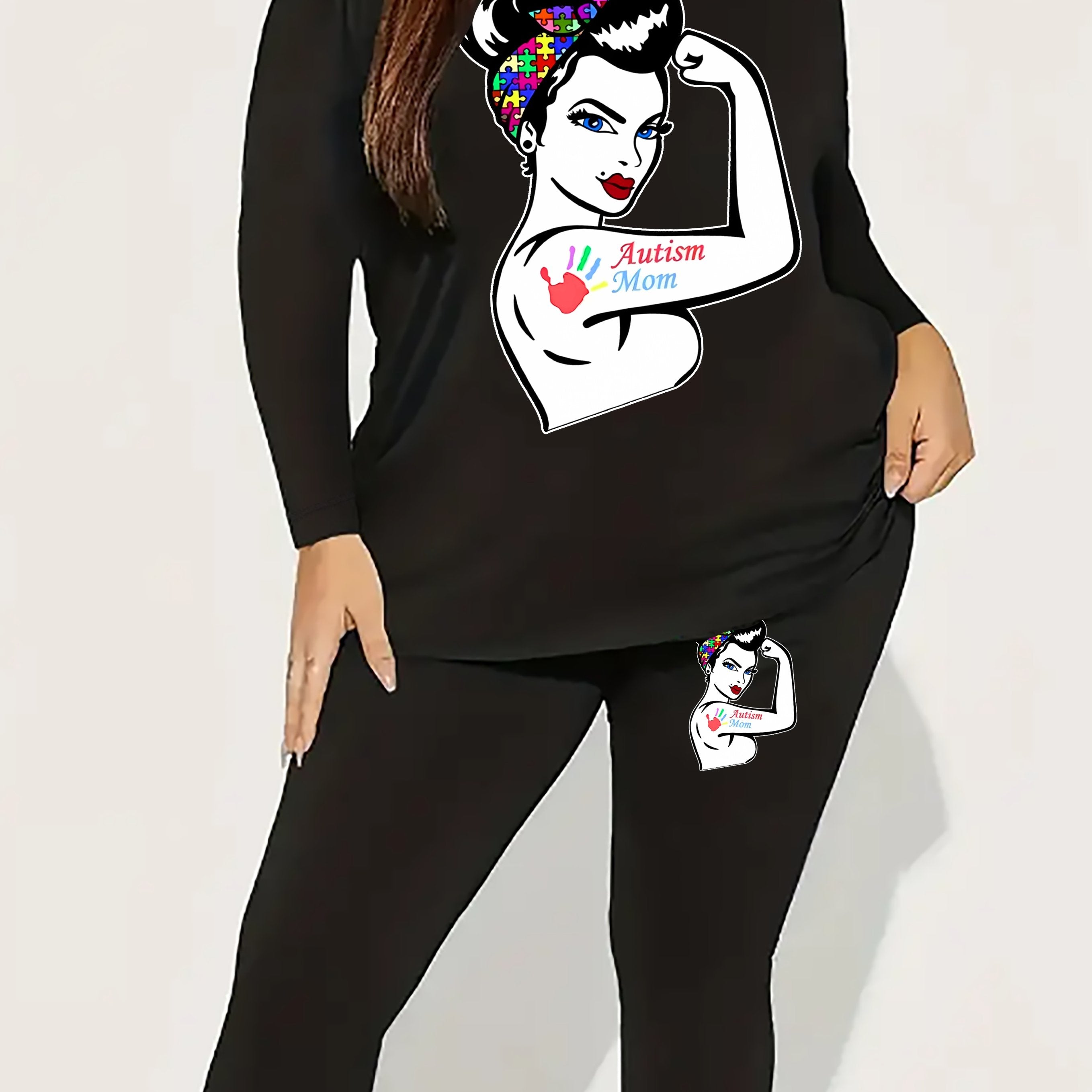  Figure & Letter Print Top & Leggings Set