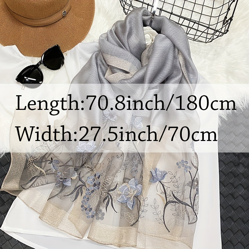 Silk Blend Scarf Flower Embroidery Shawl Breathable Windproof
