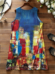  Casual Tank Dress Women's Plus Painting Print Round Neck High Stretch