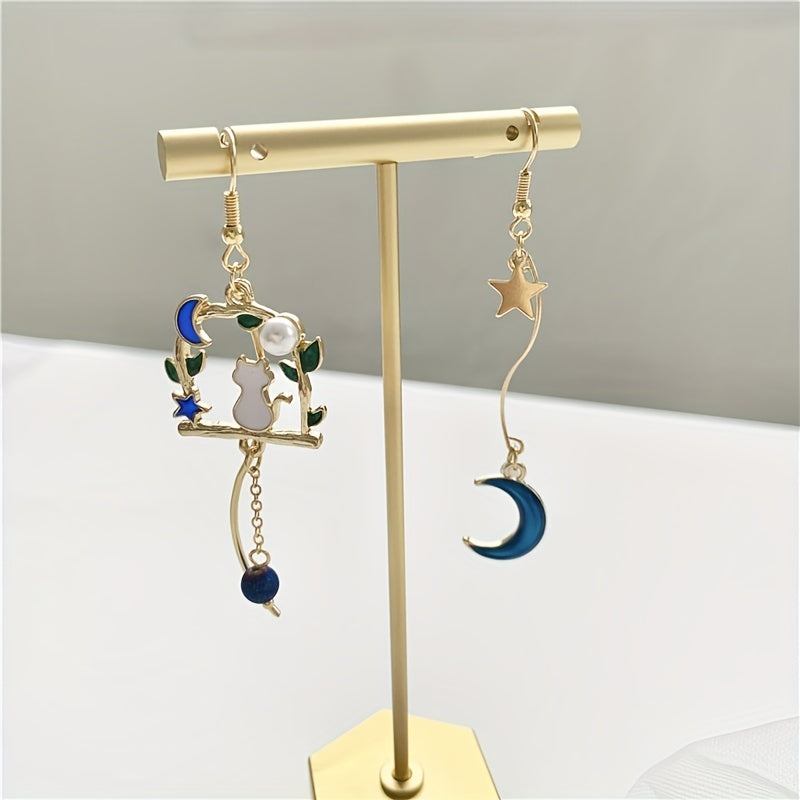 Kitten Moon Star Leaf Tassel Earrings