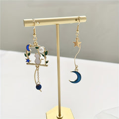 Kitten Moon Star Leaf Tassel Earrings