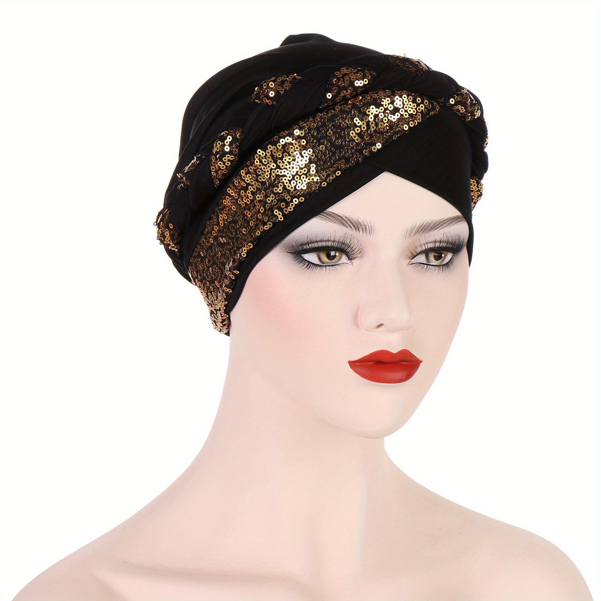 Sequin Decor Braid Turban Cap Boho Head Wrap Lightweight Beanie Women Hats