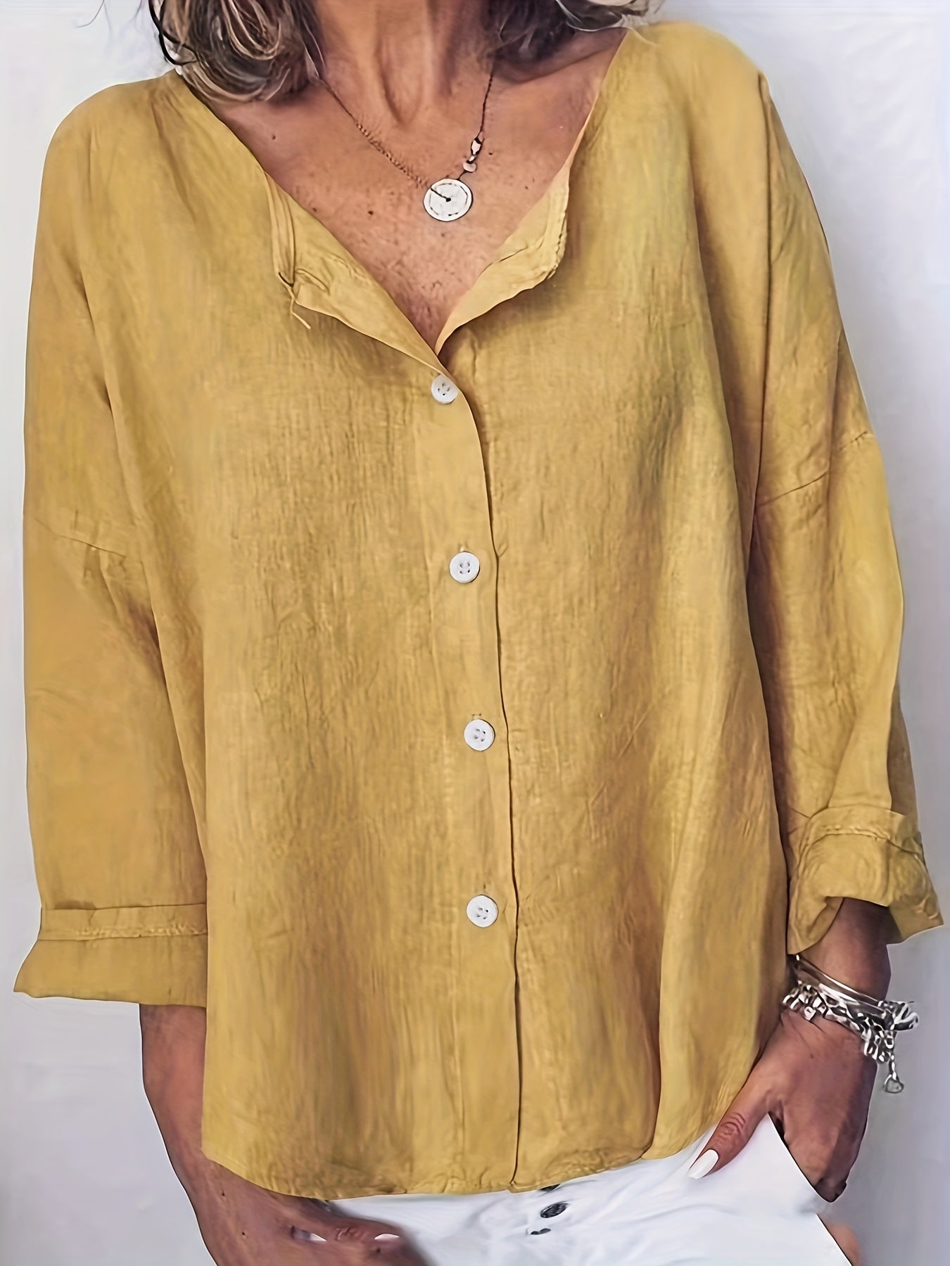  Casual Button Up Long Sleeve Round Neck Blouse