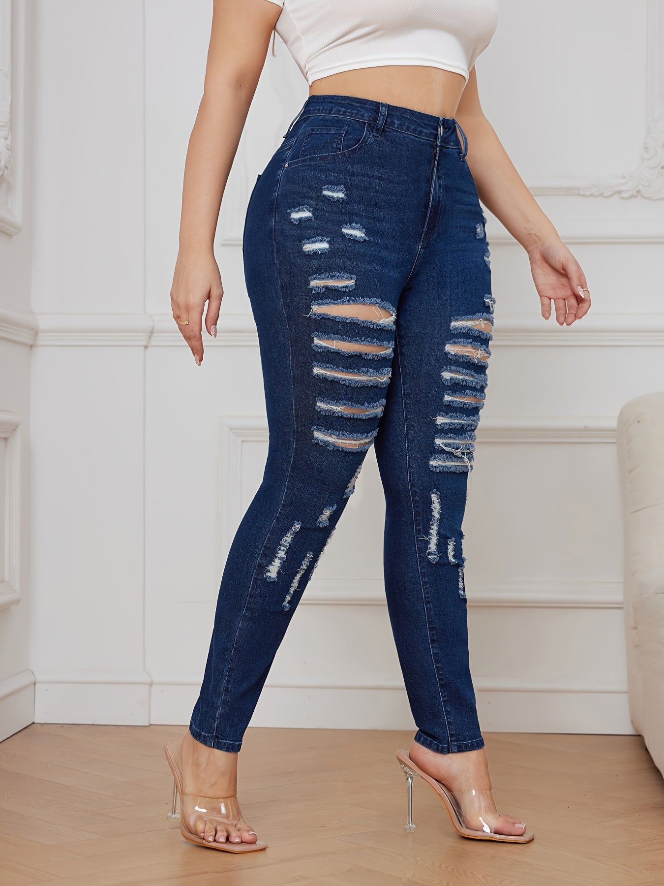  High Rise Skinny Jeans Washed Ripped Button Fly