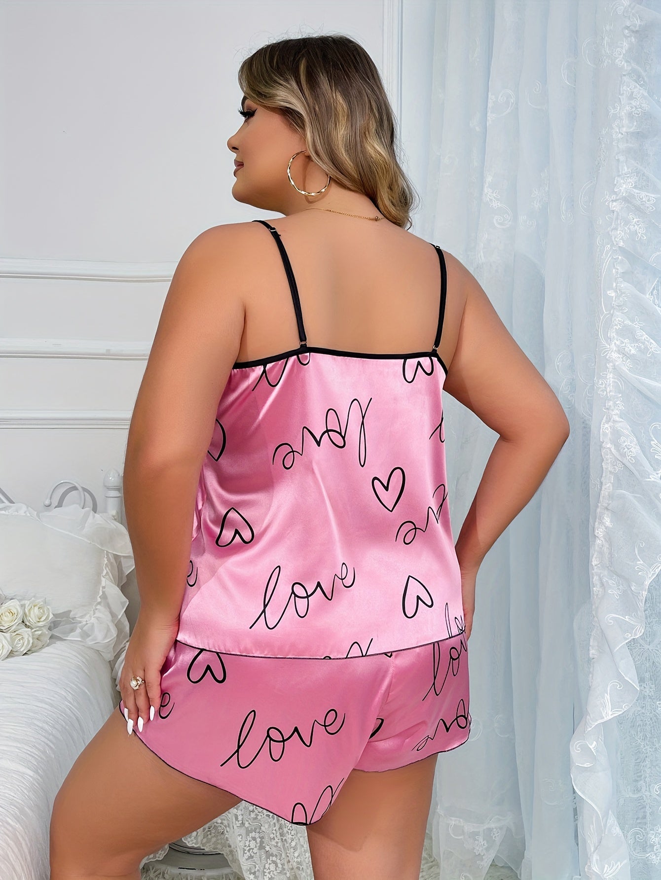  Heart & Letter Print Satin Cami Top & Shorts Set