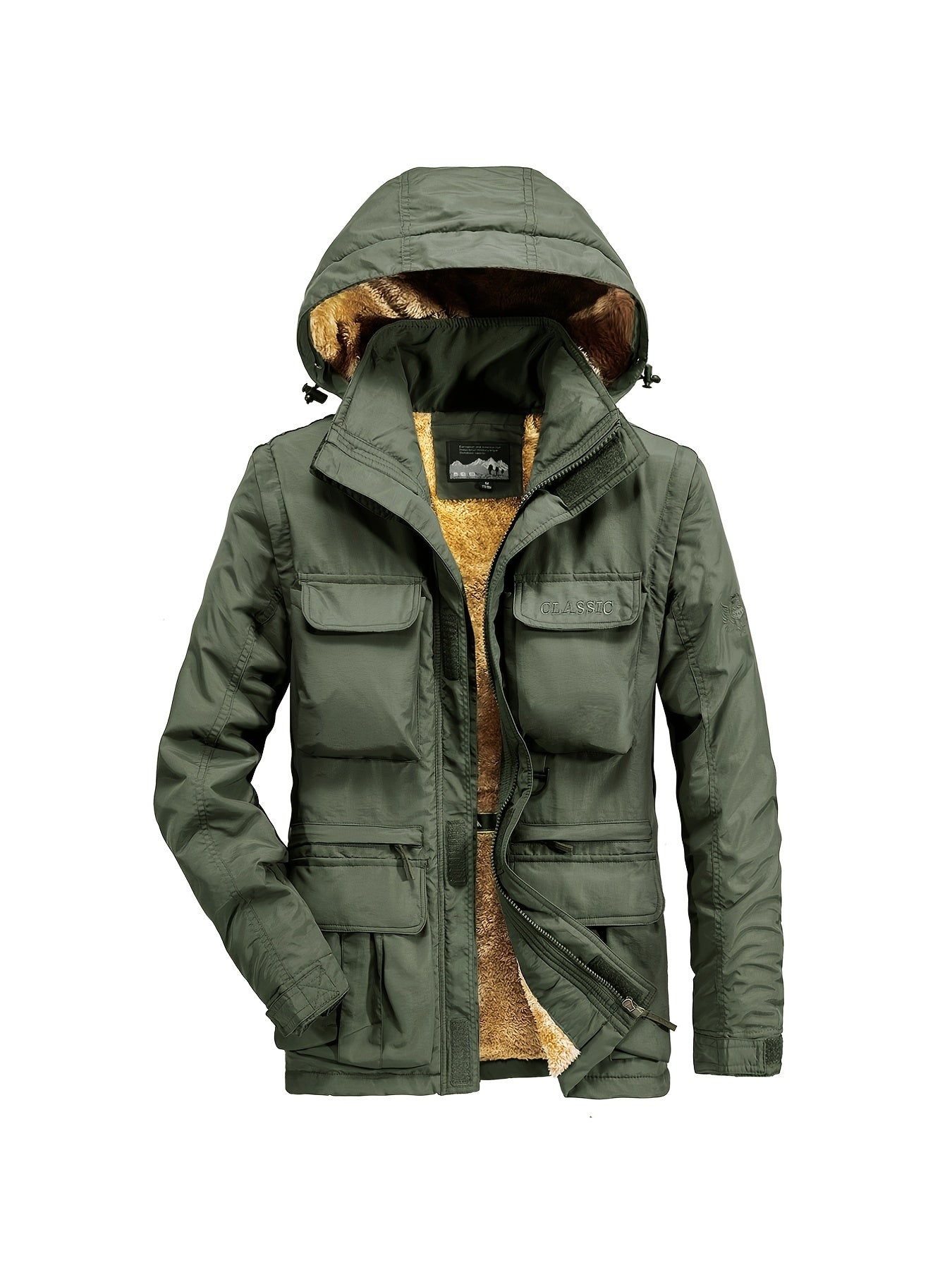 Men's Cargo Jacket Warm Coats Fleece Lined Military Jackets with Hood