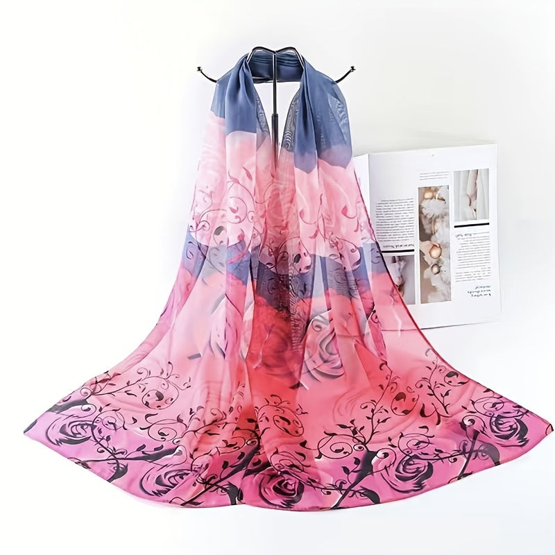Silky Scarf Lightweight Sunscreen Shawl Rose Printed Wrap