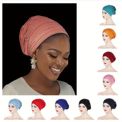 Pleated Satin Turban Cap Rhinestone Decor Head Wraps Elastic Hijab Hats