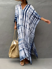  Boho Cover Up Tie Dye Striped Batwing Sleeve V Neck Dress