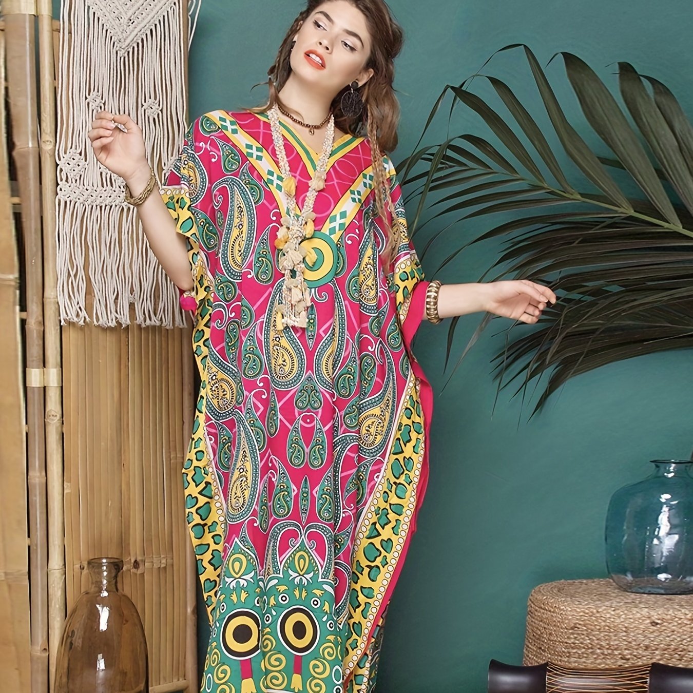  Boho Cover Up African Ethnic Print Bat Sleeve V Neck Split Dress