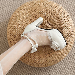 Women's Platform High Heels Bowknot Lace Faux Pearl Ankle Strap Chunky Heels