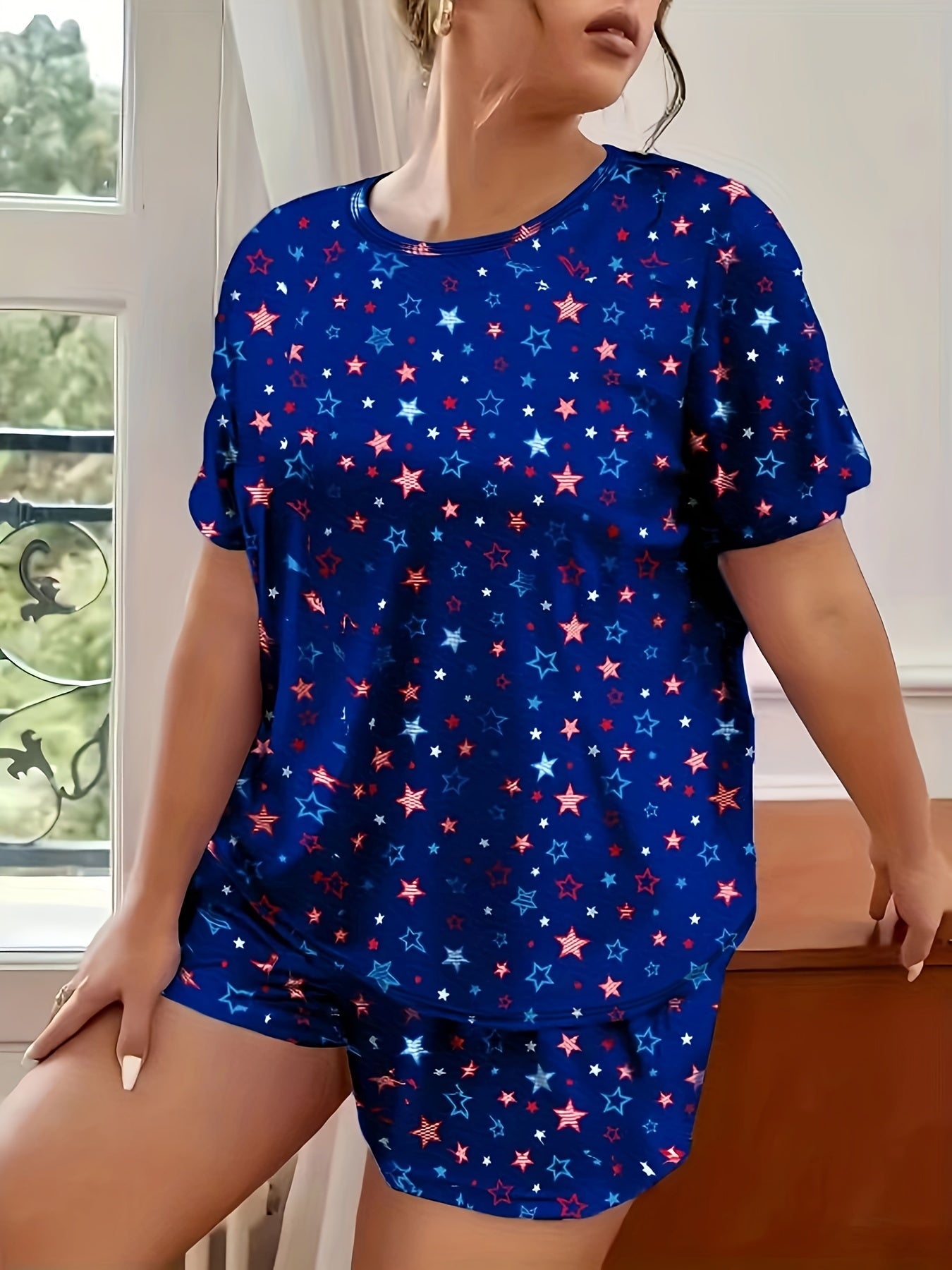  Star Print Tee & Shorts Pajama Set - Round Neck Loungewear