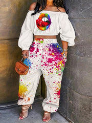 Lips Print Off Shoulder Crop Top & Print Pants Set
