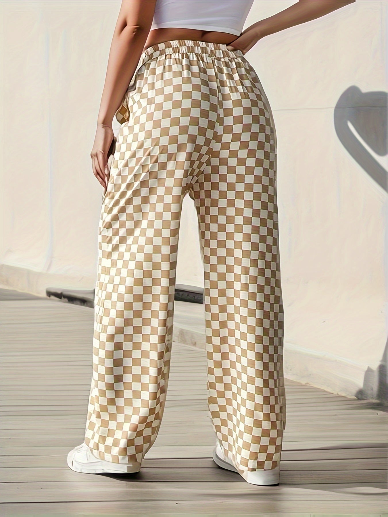 Women's Plus Checkerboard Print Wide Leg Trousers