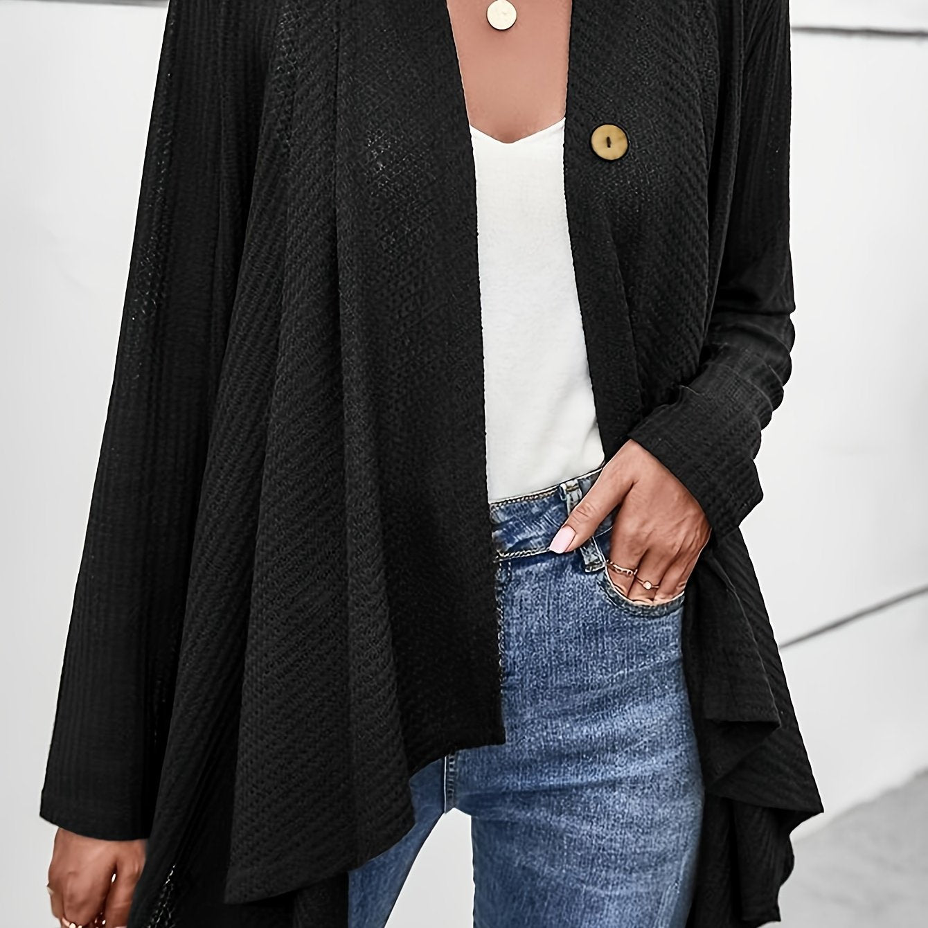  Solid Button Long Sleeve Open Front Cardigan