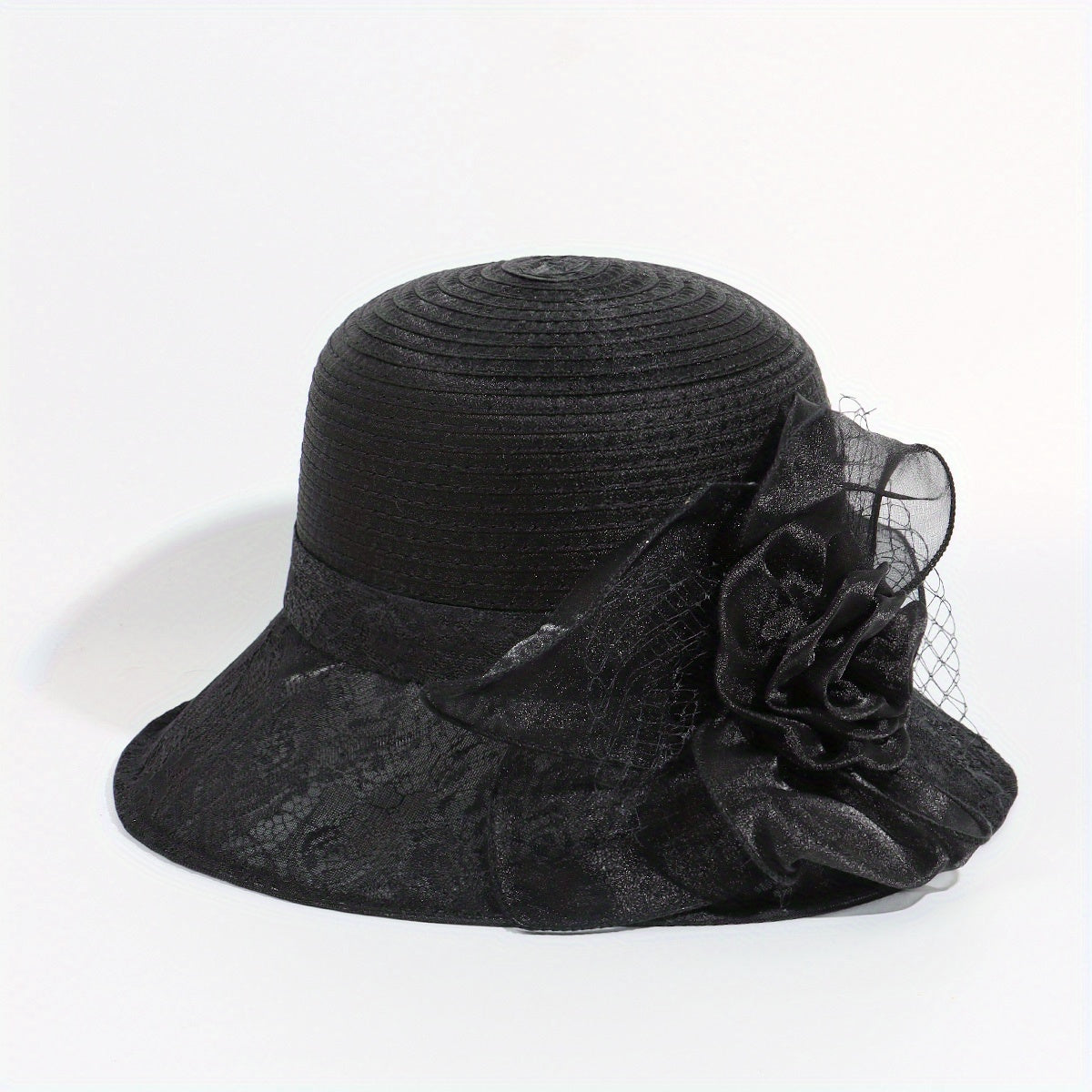Embroidered Sun Hat Floral Decor Derby Hat Mesh Flower Bucket Hat