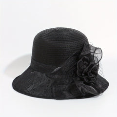 Embroidered Sun Hat Floral Decor Derby Hat Mesh Flower Bucket Hat