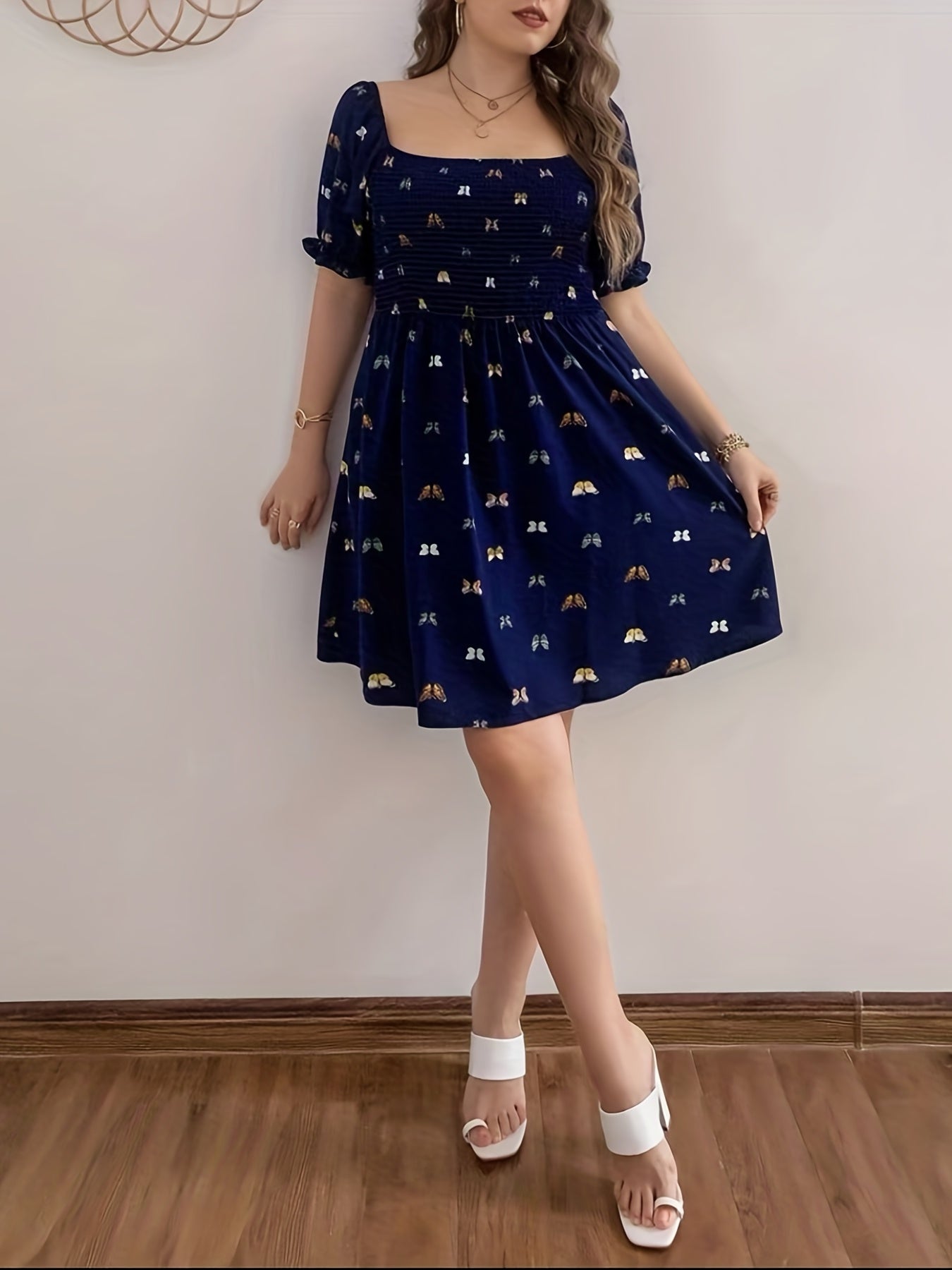  Butterfly Print Puff Sleeve Dress Square Neck Shirred