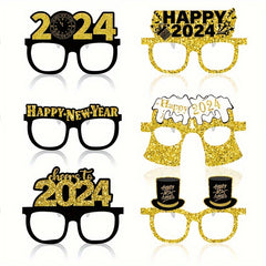 6pcs New Year Party Star Top Hat Golden Glasses Decor Supplies