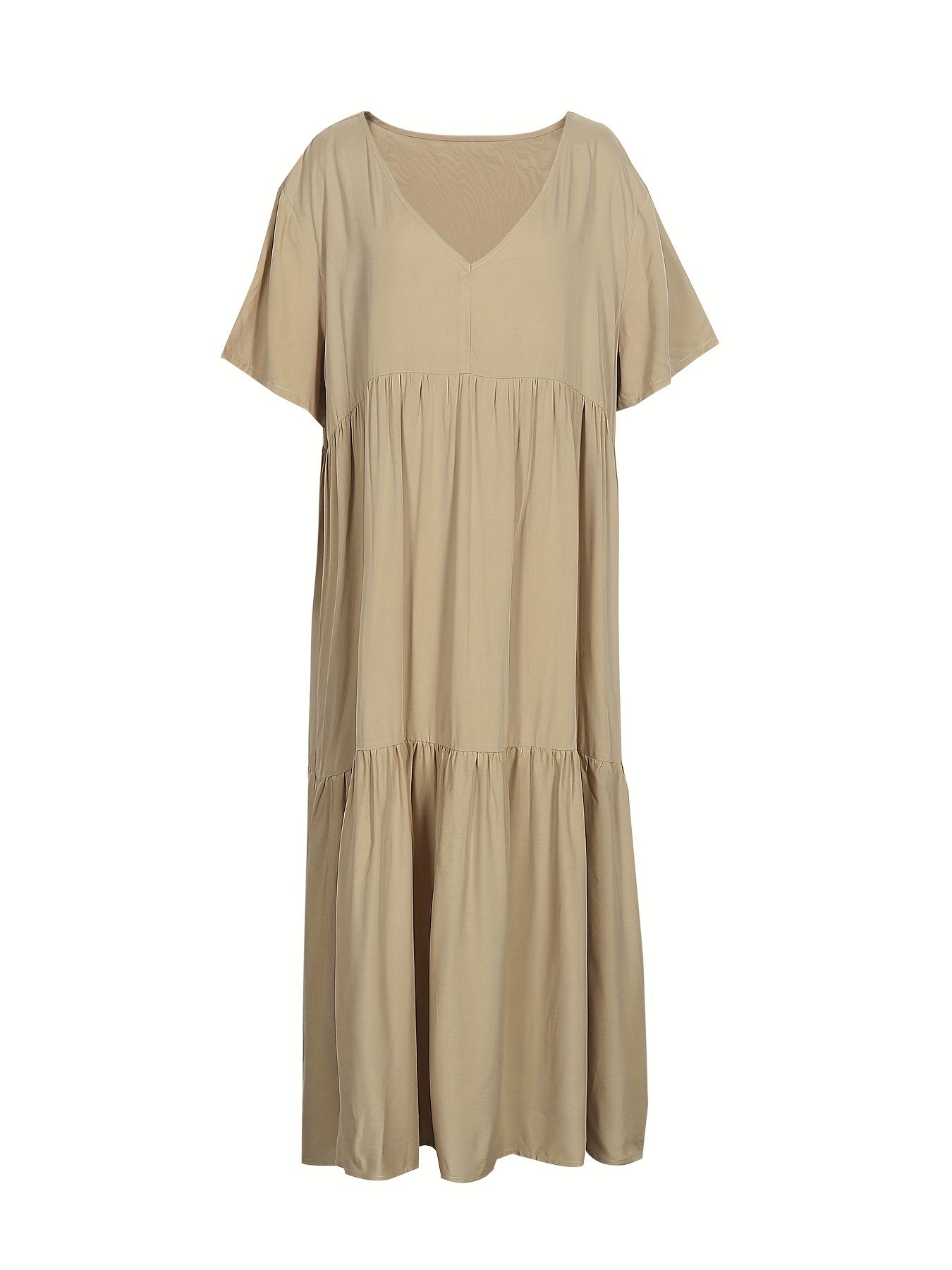  Solid V Neck Ruffle Trim Smock Dress