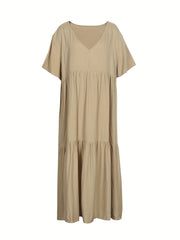  Solid V Neck Ruffle Trim Smock Dress