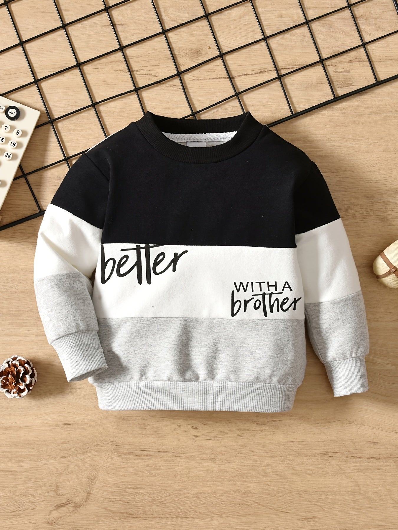 Boys Casual Block Pullover Sweatshirt With Brother Print