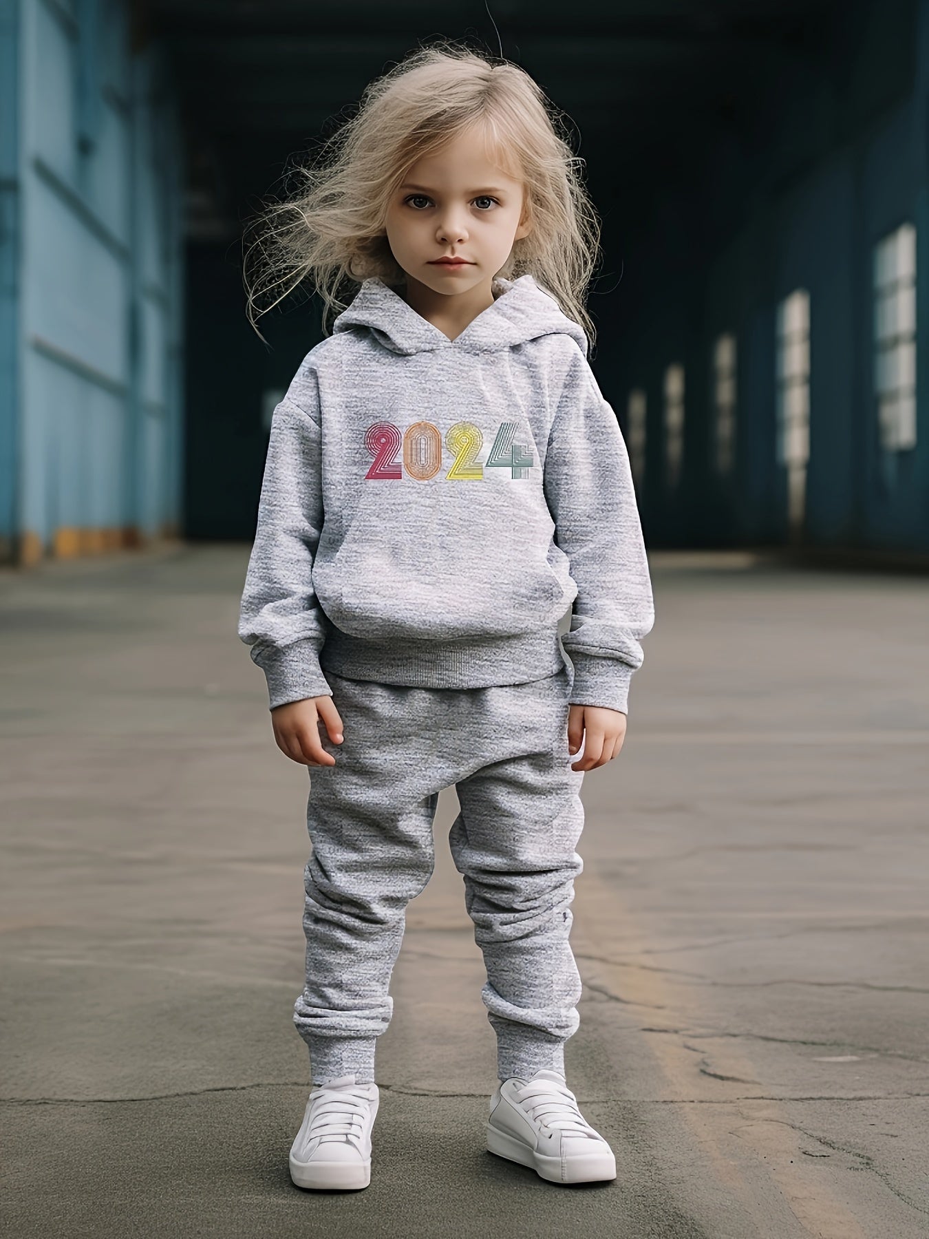 Girls Alphabets Pattern Hooded Sweatshirt Solid Sweatpants Set Kids Clothes