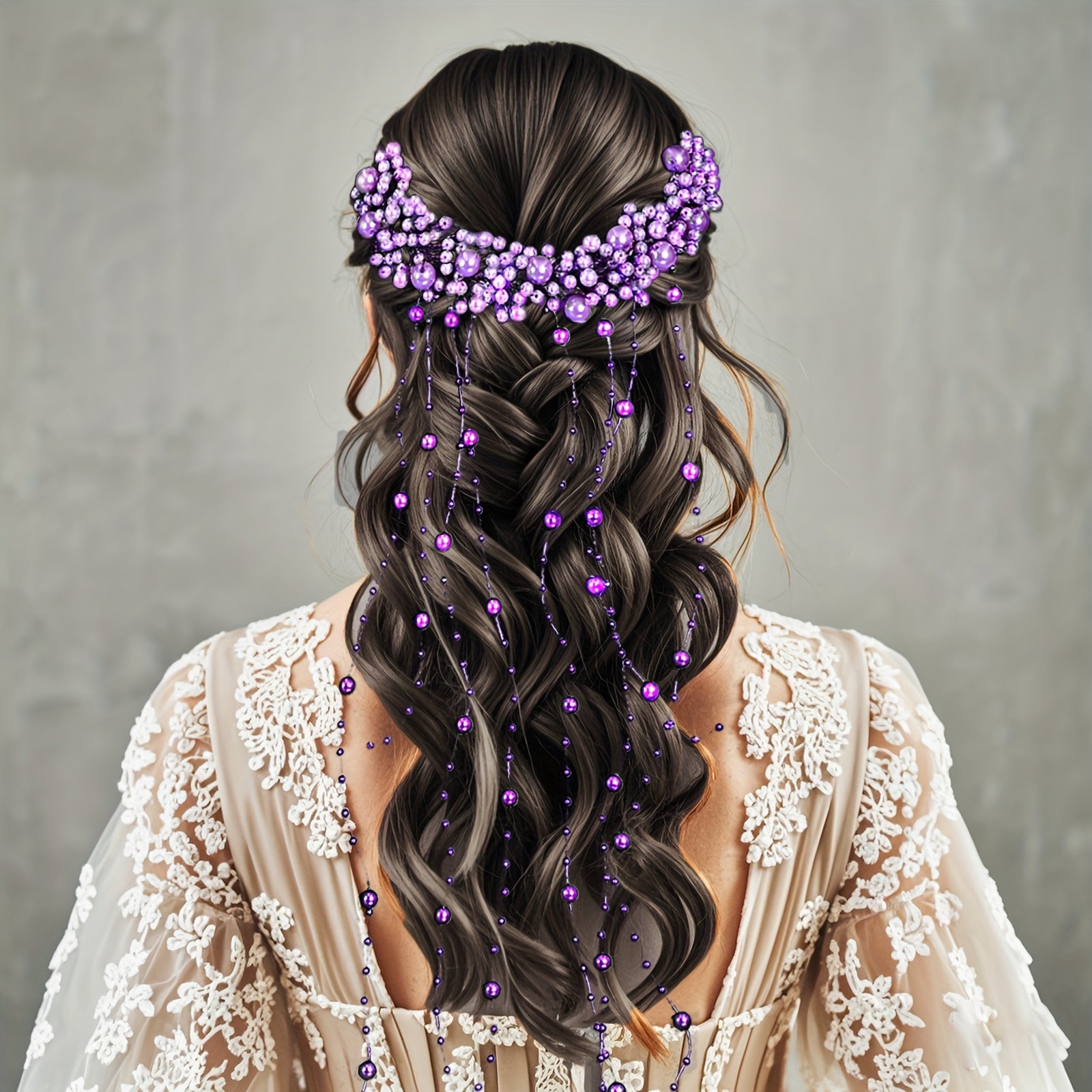 Vintage Bridal Hair Accessory Purple Beaded Tassel Veil with Floral Headpiece
